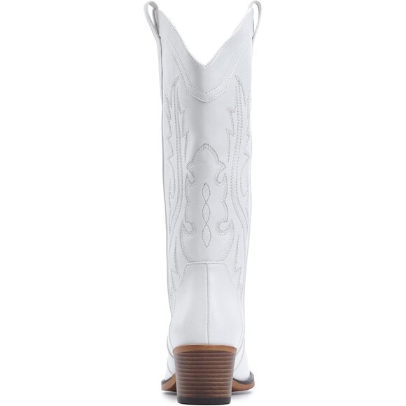 ⚡Women White Faux Leather Western Cowgirl Chunky Heel Mid Calf Snip Toe Boots - Picture 4 of 5